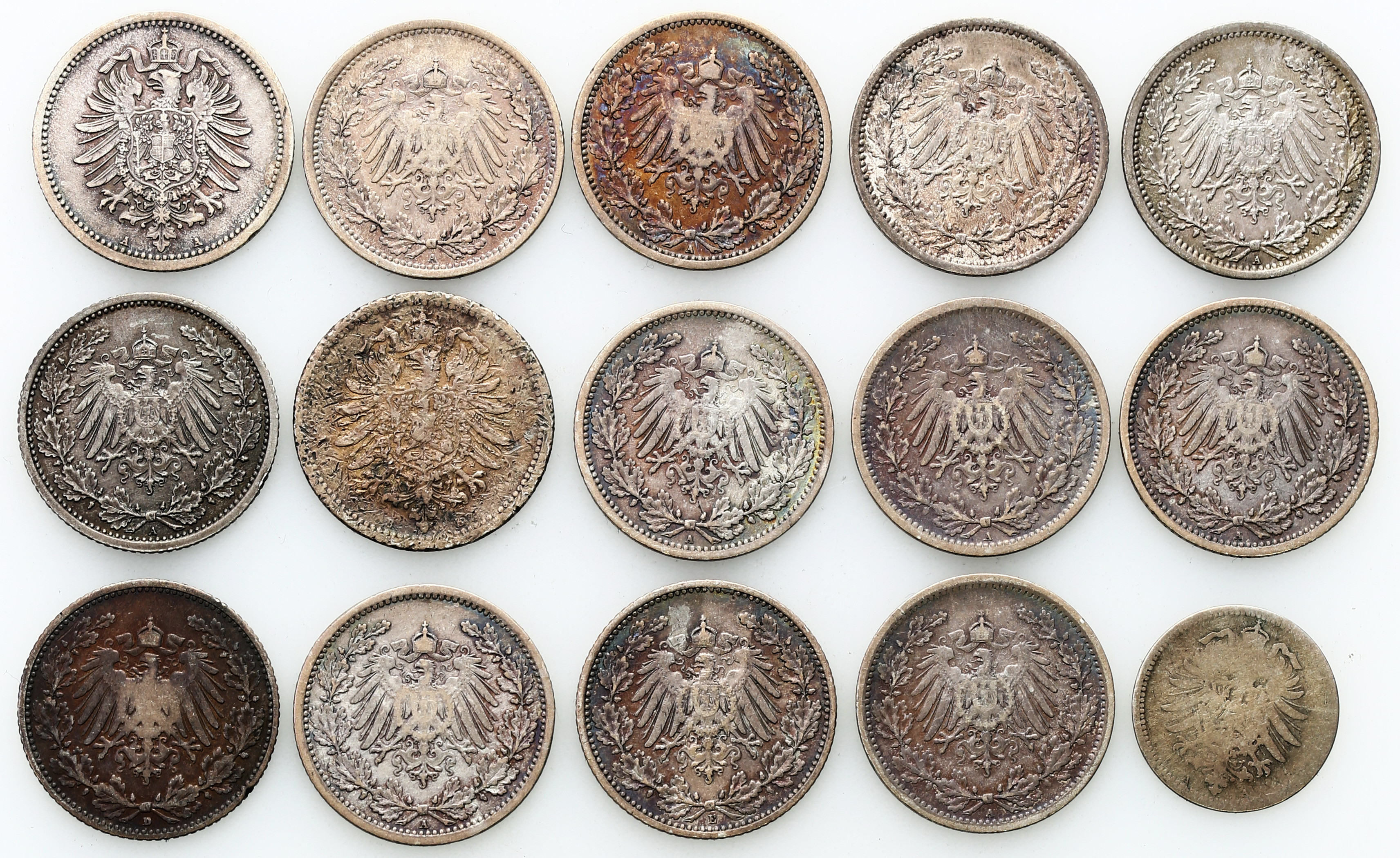 Niemcy. 20 - 50 fenigów 1888 - 1917, zestaw 15 sztuk